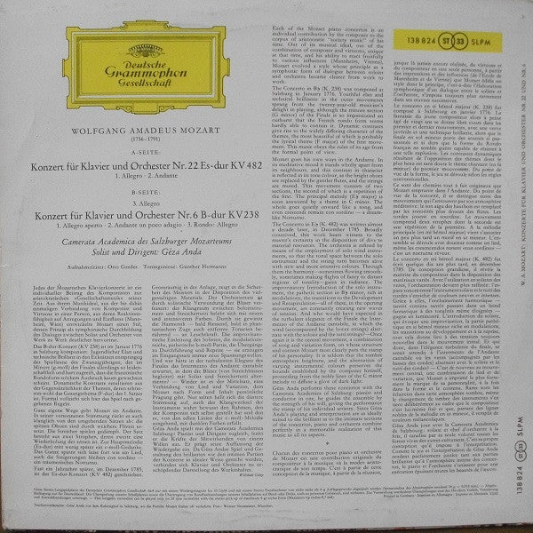 Wolfgang Amadeus Mozart, Camerata Academica Salzburg, Géza Anda – Piano Concertos No.6, B Flat Major, K.238 - No.22, E Flat Major, K.482 LP vinyl record, image 2 of 5