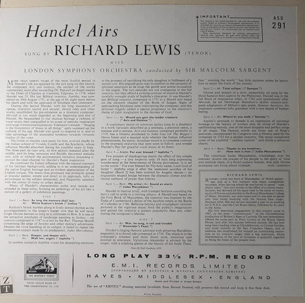 Richard Lewis, Georg Friedrich Händel, London Symphony Orchestra, Sir Malcolm Sargent – Handel Airs Sung By Richard Lewis LP vinyl record, image 2 of 4