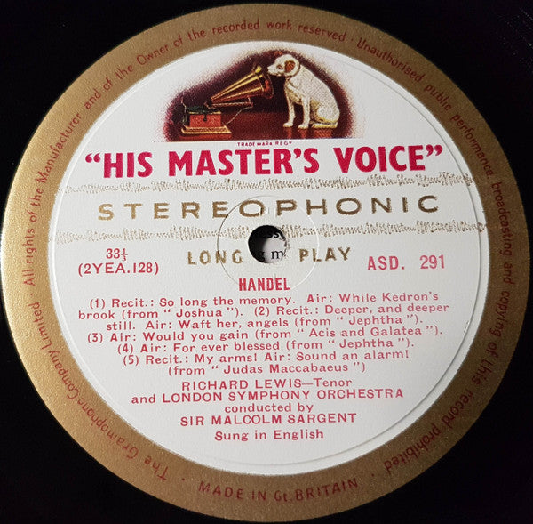 Richard Lewis, Georg Friedrich Händel, London Symphony Orchestra, Sir Malcolm Sargent – Handel Airs Sung By Richard Lewis LP vinyl record, image 4 of 4