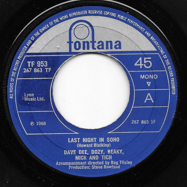 Dave Dee, Dozy, Beaky, Mick & Tich – Last Night In Soho 7" vinyl record, image 1 of 3