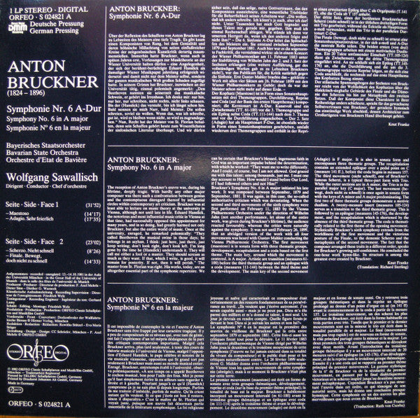 Anton Bruckner, Bayerisches Staatsorchester, Wolfgang Sawallisch – Symphonie Nr. 6 A-Dur • Symphony No. 6 A Major • Symphonie N° 6 La Majeur LP vinyl record, image 2 of 4