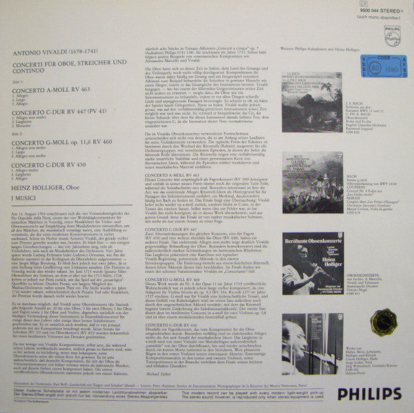 Antonio Vivaldi, Heinz Holliger, I Musici – 4 Oboe Concertos (RV 447-450-460-463) LP vinyl record, image 2 of 4