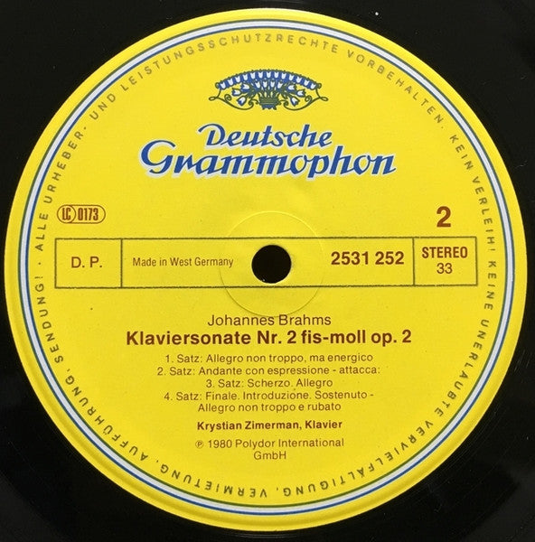 Johannes Brahms, Krystian Zimerman – Klaviersonaten No.1 & 2 = Piano Sonatas LP vinyl record, image 4 of 4
