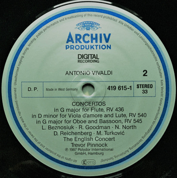 Antonio Vivaldi, The English Concert, Trevor Pinnock, Simon Standage, Lisa Beznosiuk, David Reichenberg, Milan Turkovic, Roy Goodman, Nigel North – Concerti »L'Amoroso« LP vinyl record, image 4 of 4