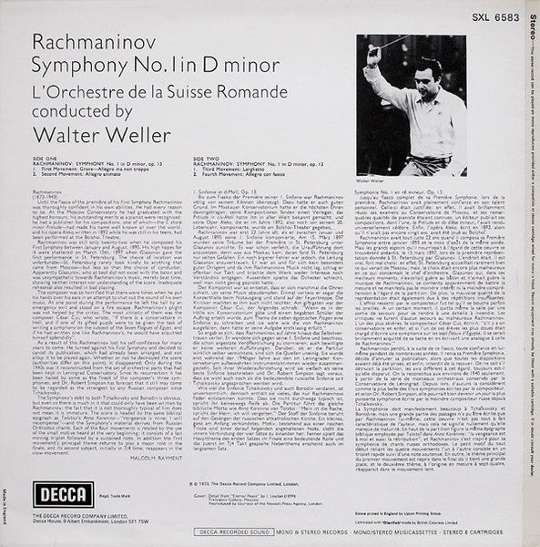 Sergei Rachmaninoff, L'Orchestre De La Suisse Romande, Walter Weller – Symphony No. 1 In D Minor, Op. 13 LP vinyl record, image 2 of 4