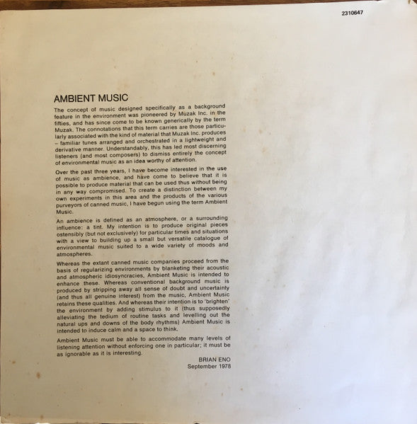 Brian Eno – Ambient 1 (Music For Airports) LP vinyl record, image 5 of 5
