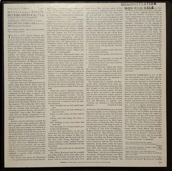 Pierre Boulez, Béla Bartók, Tatiana Troyanos, Siegmund Nimsgern, BBC Symphony Orchestra – Bluebeard's Castle / Le Chateau De Barbe-Bleue / Herzog Blaubarts Burg LP vinyl record, image 3 of 6