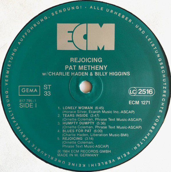 Pat Metheny, Charlie Haden, Billy Higgins – Rejoicing LP vinyl record, image 3 of 5