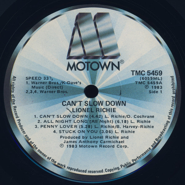 Lionel Richie – Can't Slow Down LP vinyl record, image 5 of 7