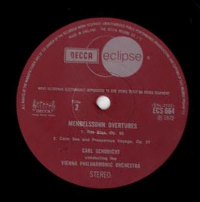Felix Mendelssohn-Bartholdy, Wiener Philharmoniker, Carl Schuricht – Overtures LP vinyl record, image 4 of 4