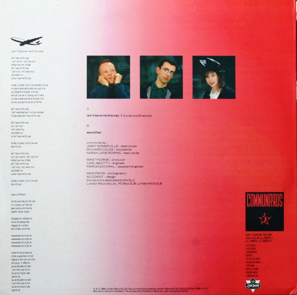 The Communards, Sarah Jane Morris – Don't Leave Me This Way 12" vinyl record, image 2 of 4