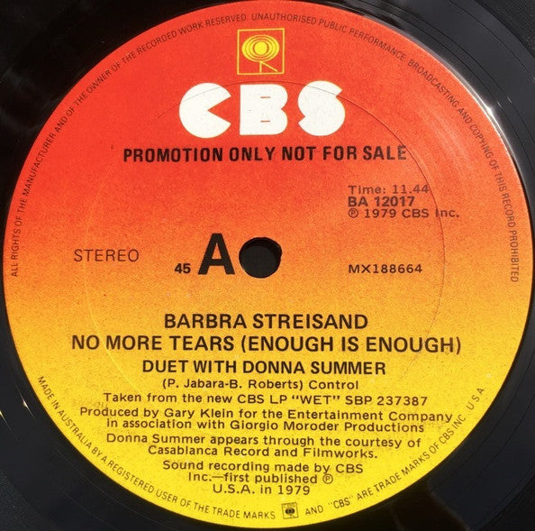 Barbra Streisand, Donna Summer – No More Tears (Enough Is Enough) 12" vinyl record, image 3 of 4