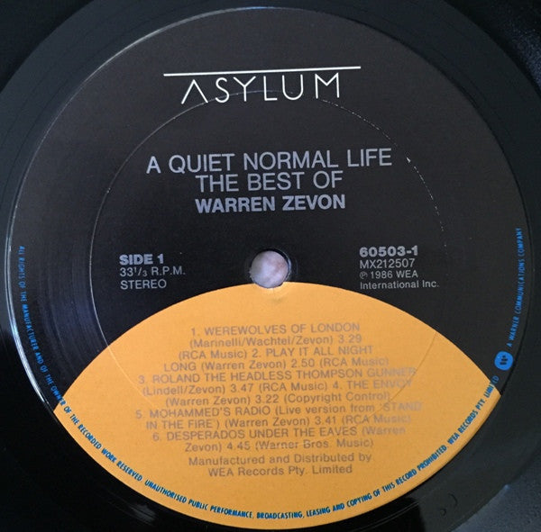 Warren Zevon – A Quiet Normal Life: The Best Of Warren Zevon LP vinyl record, image 3 of 4