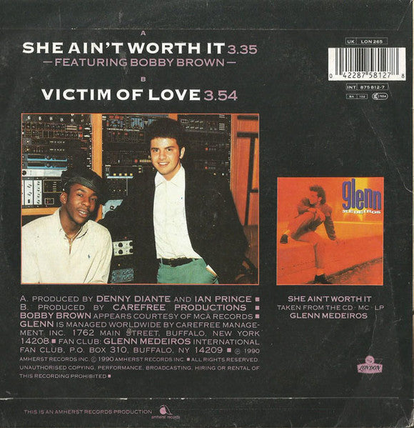 Glenn Medeiros, Bobby Brown – She Ain't Worth It 7" vinyl record, image 2 of 4