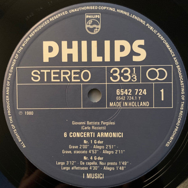 Giovanni Battista Pergolesi, Unico Wilhelm van Wassenaer, I Musici, Pina Carmirelli – 6 Concerti Armonici / Concerto Di Violino Solo Con Più Stromenti / Concerto A Cinque (2xLP) LP vinyl record, image 5 of 8