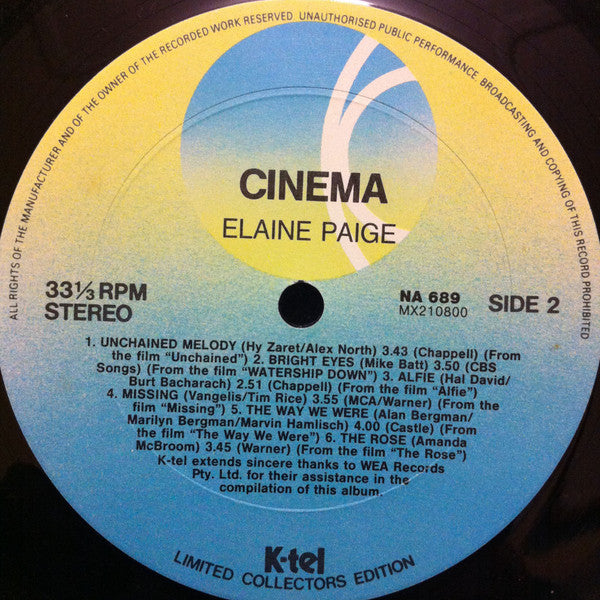 Elaine Paige – Cinema LP vinyl record, image 4 of 4