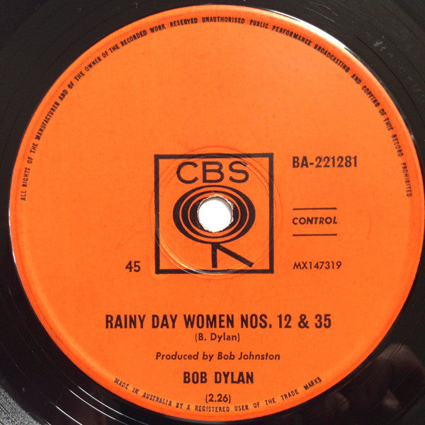 Bob Dylan – Rainy Day Women Nos. 12 & 35 / Pledging My Time 7" vinyl record, image 1 of 3