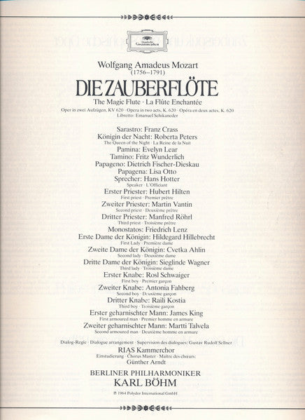 Wolfgang Amadeus Mozart, Evelyn Lear, Lisa Otto, Roberta Peters, Franz Crass, Dietrich Fischer-Dieskau, Hans Hotter, Fritz Wunderlich, Berliner Philharmoniker, Karl Böhm – Die Zauberflöte = The Magic Flute = La Flute Enchantée (3xLP) LP vinyl record, image 4 of 10
