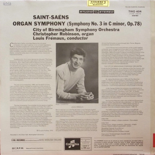 Camille Saint-Saëns, City Of Birmingham Symphony Orchestra, Christopher Robinson, Louis Frémaux – Saint-Saëns: Organ Symphony (Symphony No. 3 In C Minor, Op. 78) LP vinyl record, image 2 of 4