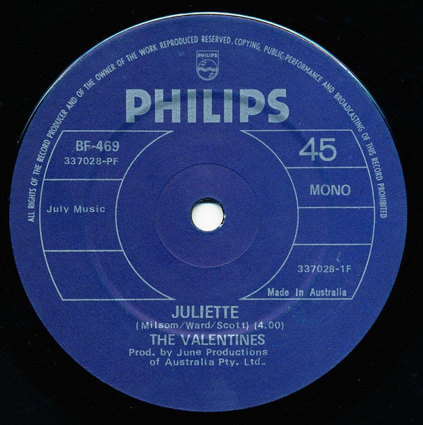 The Valentines – Juliette / Hoochie Coochie Billy 7" vinyl record, image 2 of 5