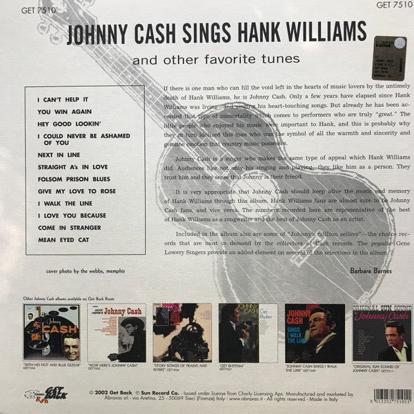Johnny Cash – Sings Hank Williams LP vinyl record, image 2 of 6