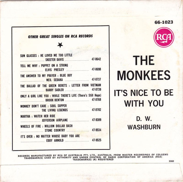 The Monkees – It's Nice To Be With You / D. W. Washburn 7" vinyl record, image 2 of 4