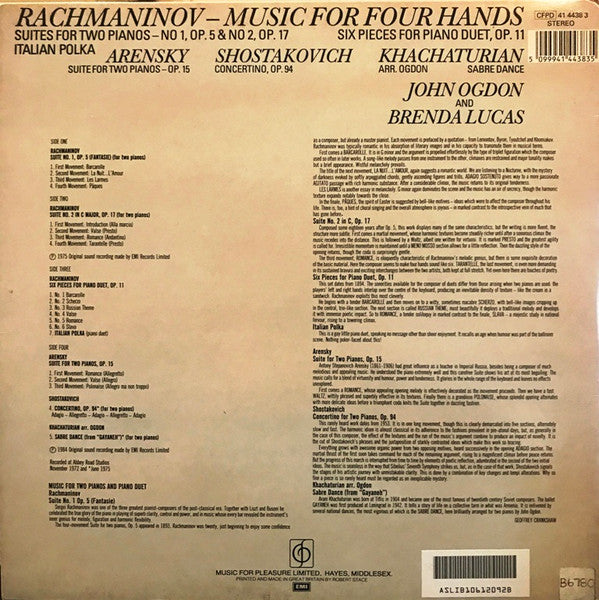 Sergei Rachmaninoff, Anton Stepanovich Arensky, Dmitri Shostakovich, Aram Khachaturian, John Ogdon, Brenda Lucas – Music For Four Hands (2xLP) LP vinyl record, image 8 of 8