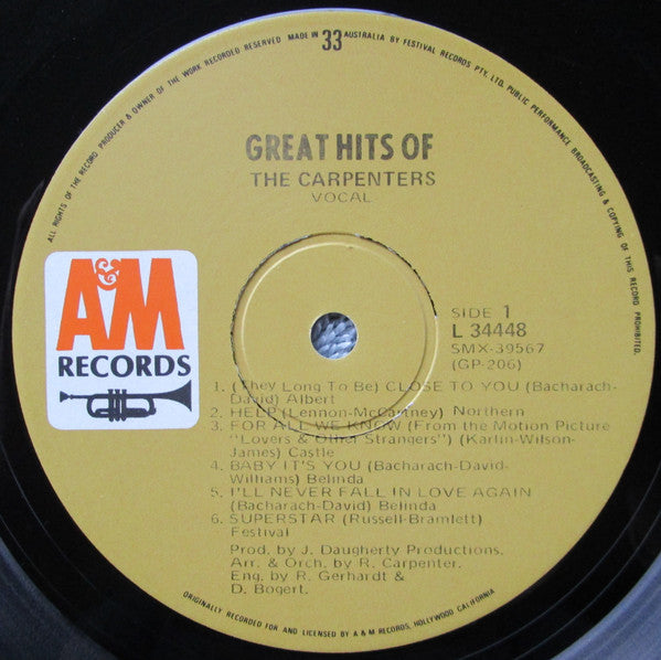Carpenters – Great Hits Of The Carpenters LP vinyl record, image 3 of 4
