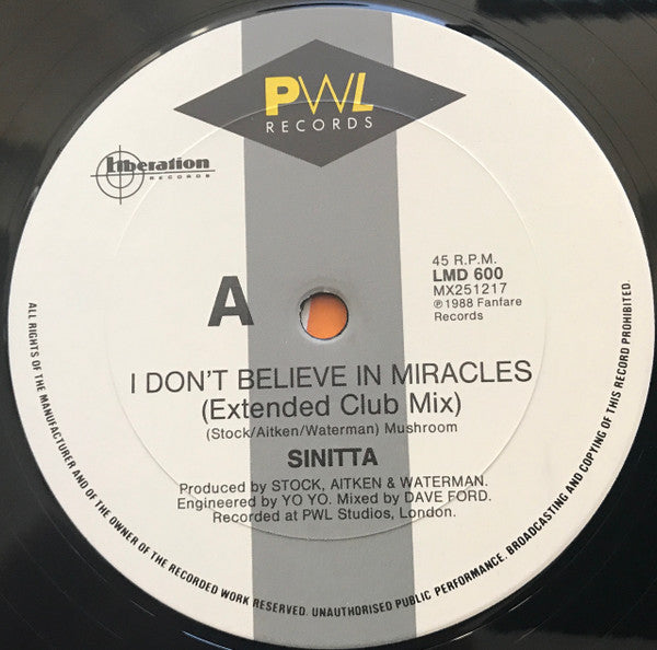 Sinitta – I Don't Believe In Miracles (Merlin's Magical Mix) 12" vinyl record, image 3 of 4