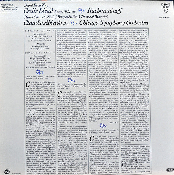 Cecile Licad, Sergei Rachmaninoff, Claudio Abbado, Chicago Symphony Orchestra – Piano Concerto No. 2 / Rhapsody On A Theme Of Paganini LP vinyl record, image 2 of 5