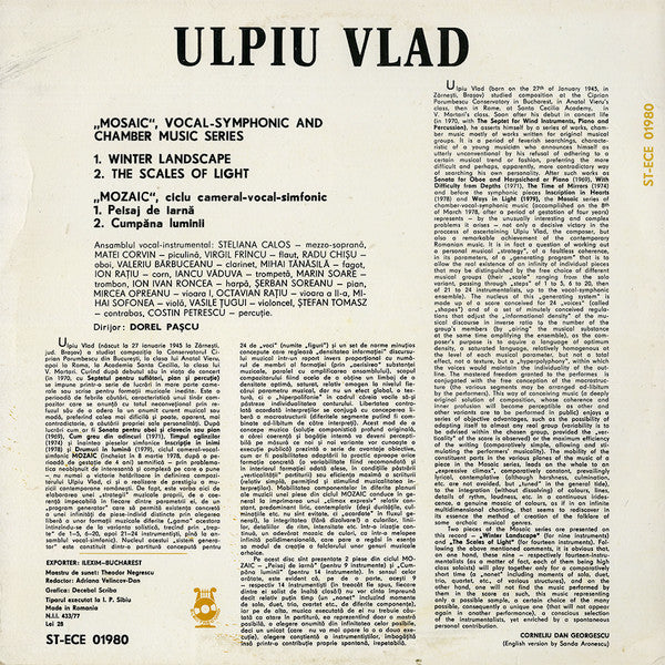 Ulpiu Vlad – ”Mozaic” • Ciclu Cameral-vocal-simfonic = „Mosaic”, Vocal-Symphonic And Chamber Music Series LP vinyl record, image 2 of 4