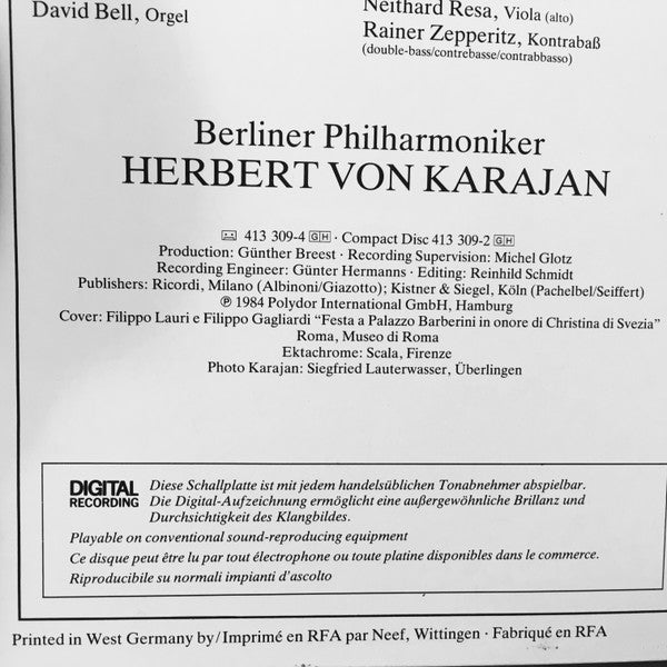 Tomaso Albinoni, Johann Pachelbel, Berliner Philharmoniker, Herbert Von Karajan – Albinoni: Adagio • Pachelbel: Canon LP vinyl record, image 6 of 6