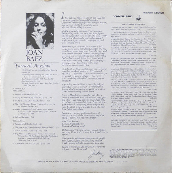 Joan Baez – Farewell, Angelina LP vinyl record, image 2 of 4