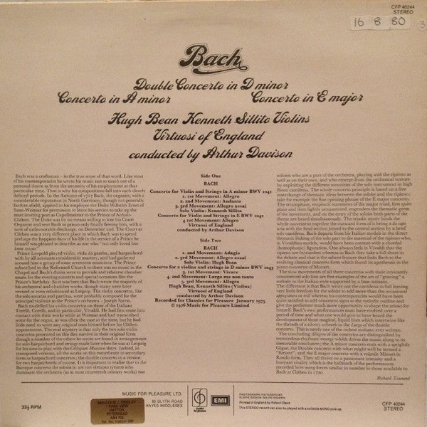 Johann Sebastian Bach, The Virtuosi Of England, Arthur Davison, Hugh Bean, Kenneth Sillito – Double Concerto In D Minor, Concerto In A Minor, Concerto In E Major LP vinyl record, image 2 of 4