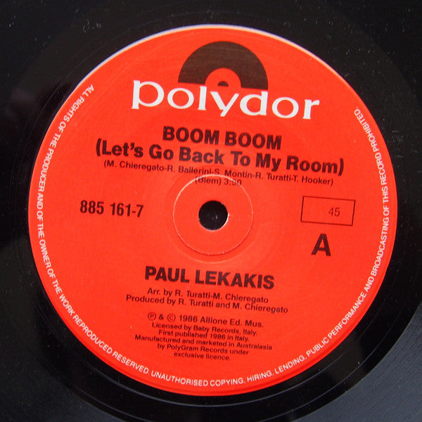 Paul Lekakis – Boom Boom (Let's Go Back To My Room) 7" vinyl record, image 1 of 3