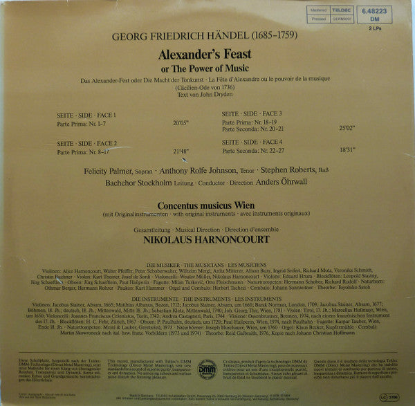 Georg Friedrich Händel, Felicity Palmer, Anthony Rolfe Johnson, Stephen Roberts, Stockholm Bach Choir, Concentus Musicus Wien, Nikolaus Harnoncourt – Alexander's Feast (2xLP) LP vinyl record, image 2 of 8