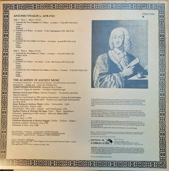 Antonio Vivaldi, Christopher Hogwood, The Academy Of Ancient Music – Concertos: Two Trumpets, Madrigalesco, Two Cellos, Two Flutes, Alla Rustica, Two Violins & Two Cellos LP vinyl record, image 2 of 4