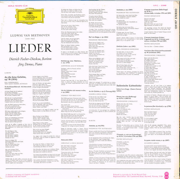 Ludwig van Beethoven, Dietrich Fischer-Dieskau, Jörg Demus – An Die Ferne Geliebte, Lieder LP vinyl record, image 2 of 7