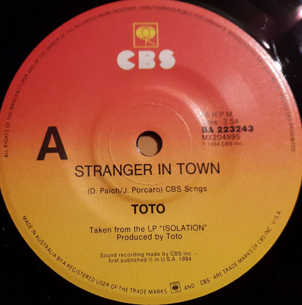Toto – Stranger In Town 7" vinyl record, image 3 of 4