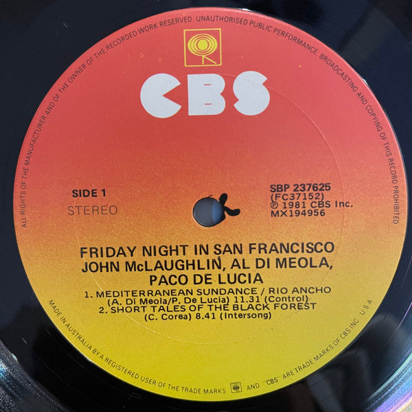 Al Di Meola, John McLaughlin, Paco De Lucía – Friday Night In San Francisco LP vinyl record, image 2 of 3
