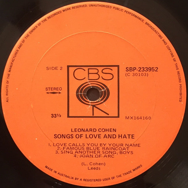 Leonard Cohen – Songs Of Love And Hate LP vinyl record, image 4 of 4