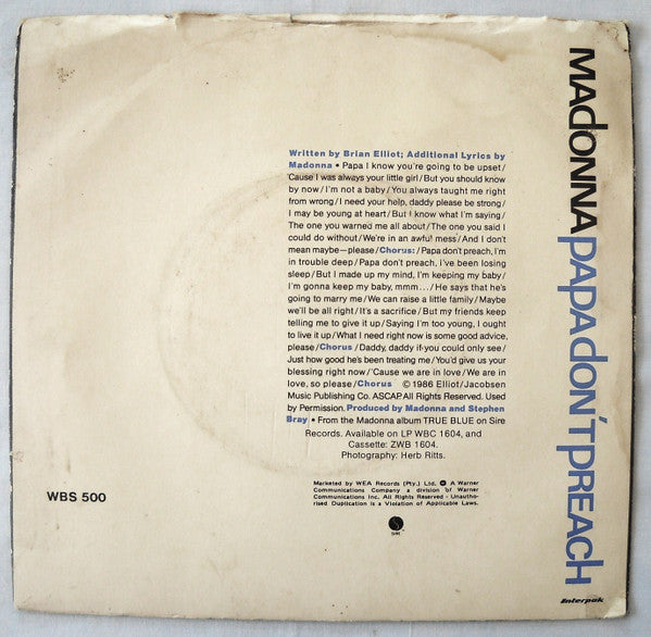 Madonna – Papa Don't Preach / Pretender 7" vinyl record, image 2 of 5