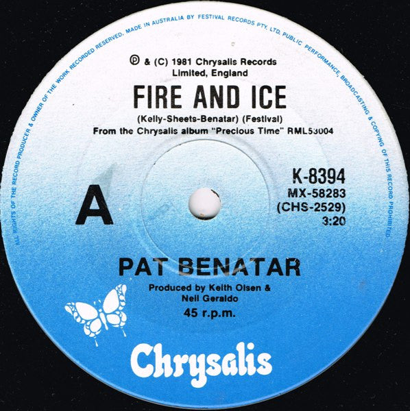 Pat Benatar – Fire And Ice 7" vinyl record, image 1 of 2