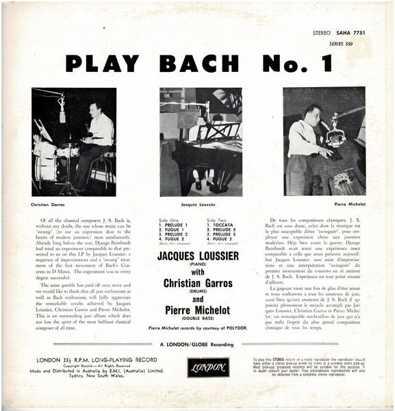 Jacques Loussier, Christian Garros, Pierre Michelot – Play Bach No. 1 LP vinyl record, image 2 of 4