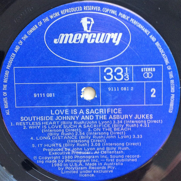 Southside Johnny & The Asbury Jukes – Love Is A Sacrifice LP vinyl record, image 4 of 4