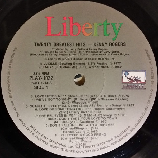 Kenny Rogers – Twenty Greatest Hits LP vinyl record, image 4 of 5