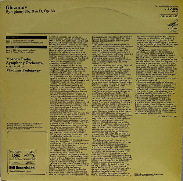 Alexander Glazunov, Большой Симфонический Оркестр Всесоюзного Радио, Vladimir Fedoseyev – Symphony No.3 In D LP vinyl record, image 2 of 4