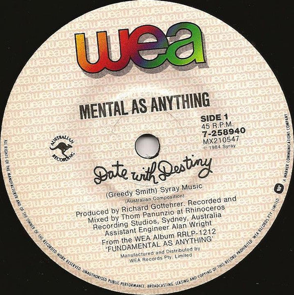 Mental As Anything – Date With Destiny 7" vinyl record, image 4 of 5