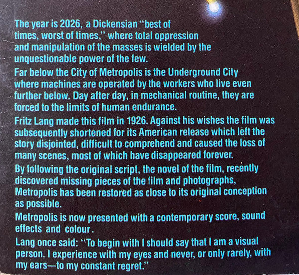 Various – Metropolis (Original Motion Picture Soundtrack) LP vinyl record, image 6 of 10
