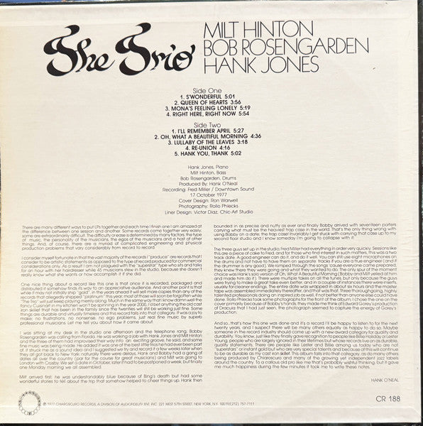 Milt Hinton, Bobby Rosengarden, Hank Jones – The Trio LP vinyl record, image 2 of 4